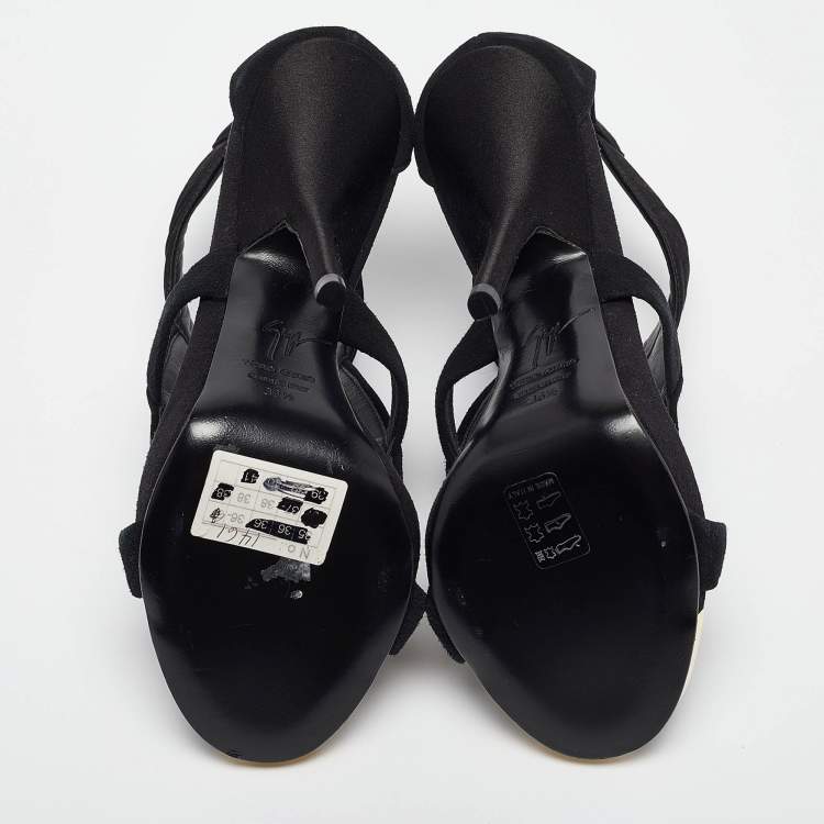 Pre Owned Giuseppe Zanotti Black Satin and Suede Crystal Embellished Ankle Strap Sandals Size 36.5