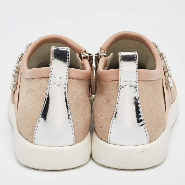 Pre Owned Giuseppe Zanotti Beige Suede and Leather Christie Crystal Embellished Sneakers Size 40