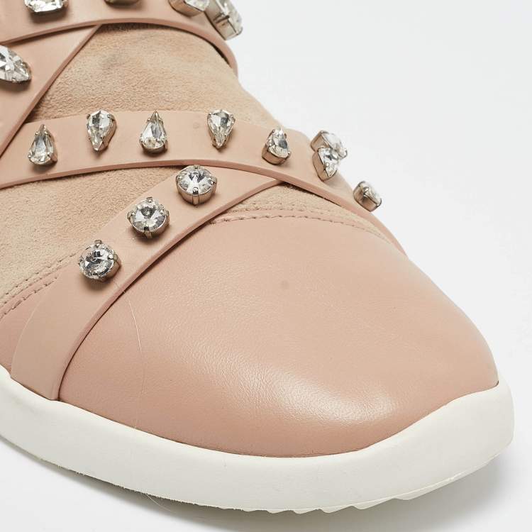 Pre Owned Giuseppe Zanotti Beige Suede and Leather Christie Crystal Embellished Sneakers Size 40