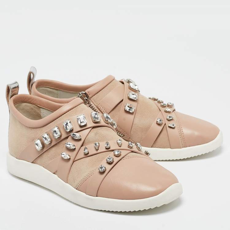 Pre Owned Giuseppe Zanotti Beige Suede and Leather Christie Crystal Embellished Sneakers Size 40