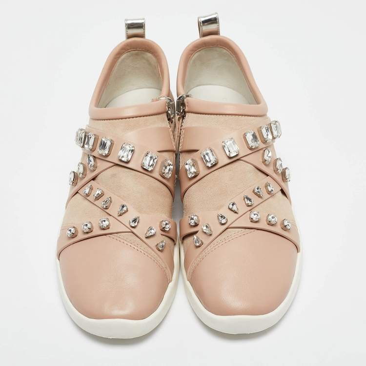 Pre Owned Giuseppe Zanotti Beige Suede and Leather Christie Crystal Embellished Sneakers Size 40