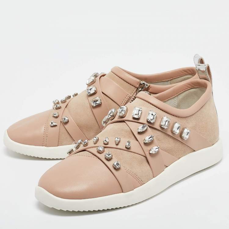 Pre Owned Giuseppe Zanotti Beige Suede and Leather Christie Crystal Embellished Sneakers Size 40