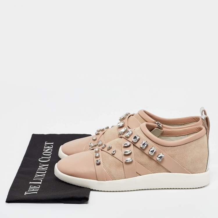 Pre Owned Giuseppe Zanotti Beige Suede and Leather Christie Crystal Embellished Sneakers Size 40