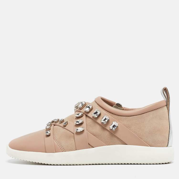 Pre Owned Giuseppe Zanotti Beige Suede and Leather Christie Crystal Embellished Sneakers Size 40
