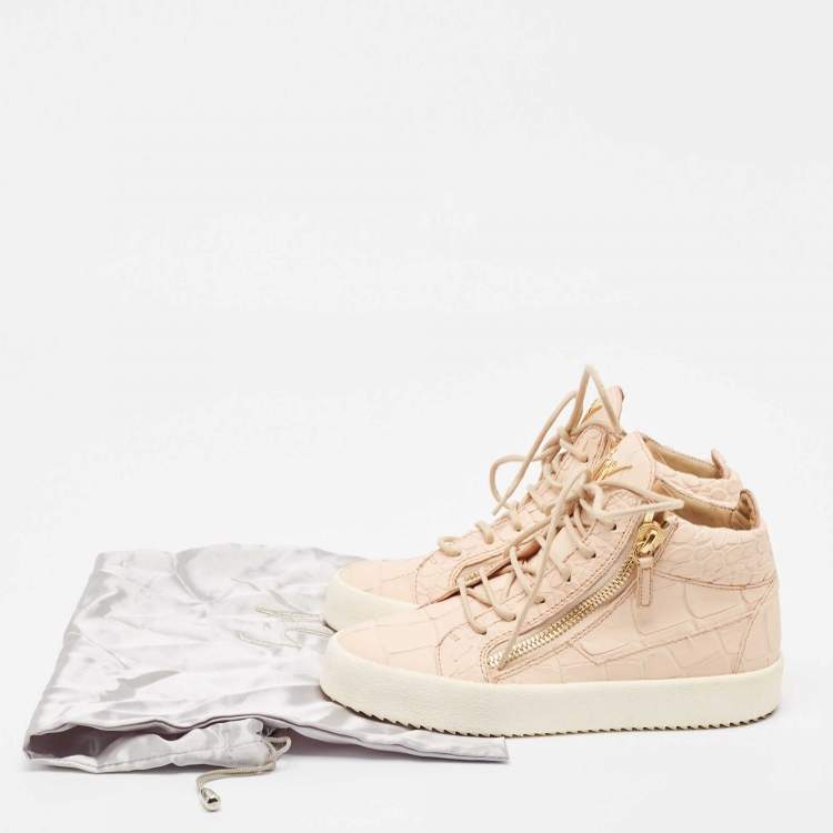 Pre Owned Giuseppe Zanotti Pink Croc Embossed Leather Double High Top Sneakers Size 37
