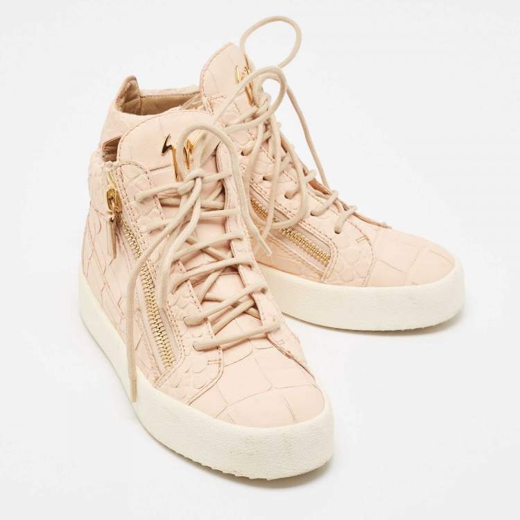 Pre Owned Giuseppe Zanotti Pink Croc Embossed Leather Double High Top Sneakers Size 37