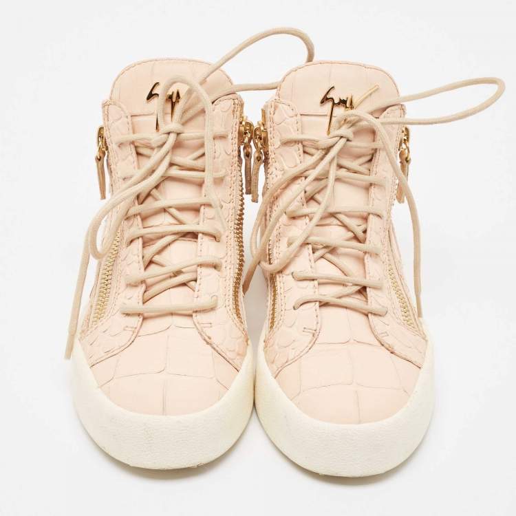 Pre Owned Giuseppe Zanotti Pink Croc Embossed Leather Double High Top Sneakers Size 37
