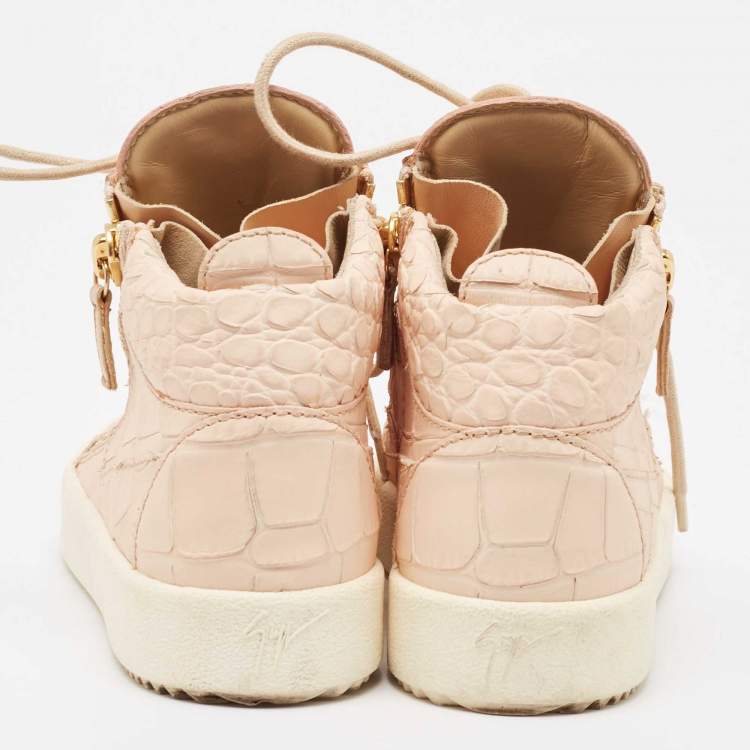 Pre Owned Giuseppe Zanotti Pink Croc Embossed Leather Double High Top Sneakers Size 37