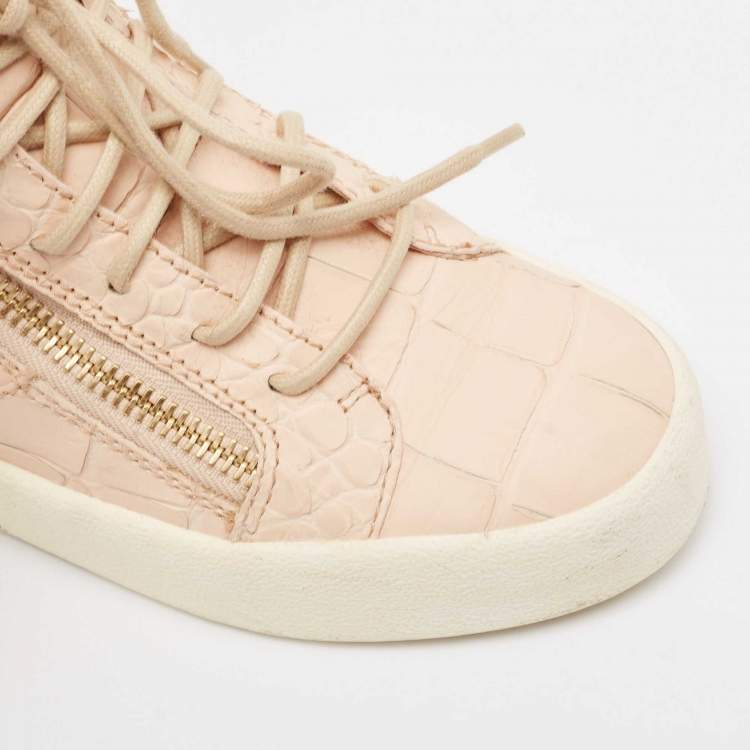Pre Owned Giuseppe Zanotti Pink Croc Embossed Leather Double High Top Sneakers Size 37