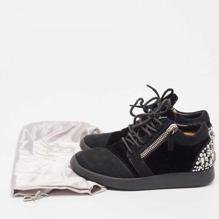 Pre Owned Giuseppe Zanotti Black Suede and Velvet Crystal Embellished Double Zip Low Top Sneakers Size 37.5