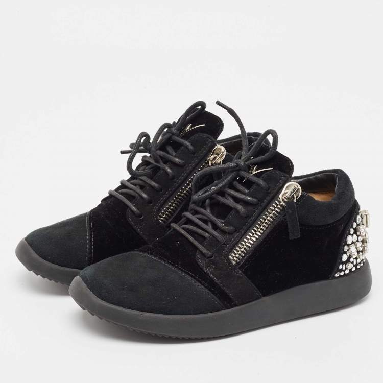 Pre Owned Giuseppe Zanotti Black Suede and Velvet Crystal Embellished Double Zip Low Top Sneakers Size 37.5