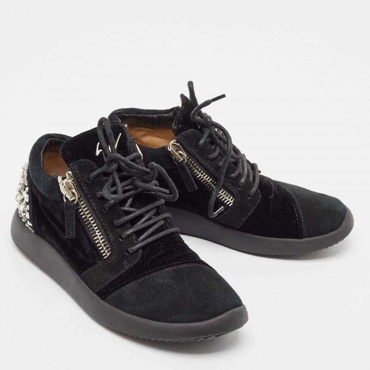 Pre Owned Giuseppe Zanotti Black Suede and Velvet Crystal Embellished Double Zip Low Top Sneakers Size 37.5