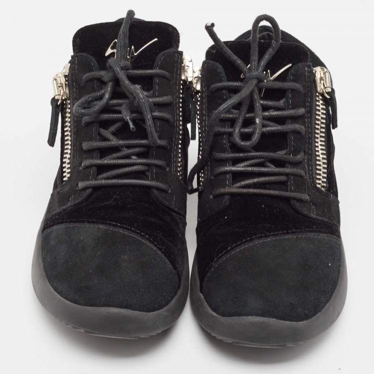 Pre Owned Giuseppe Zanotti Black Suede and Velvet Crystal Embellished Double Zip Low Top Sneakers Size 37.5