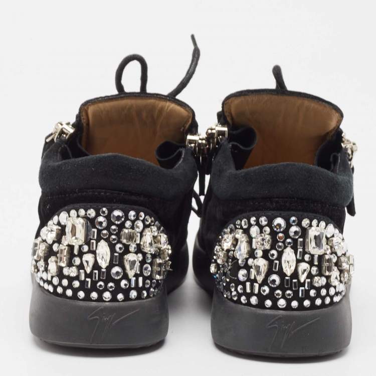 Pre Owned Giuseppe Zanotti Black Suede and Velvet Crystal Embellished Double Zip Low Top Sneakers Size 37.5