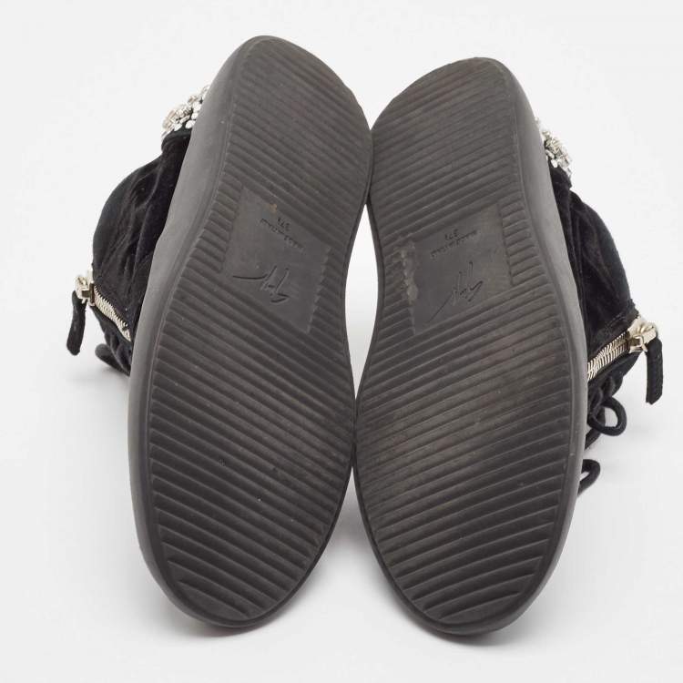 Pre Owned Giuseppe Zanotti Black Suede and Velvet Crystal Embellished Double Zip Low Top Sneakers Size 37.5