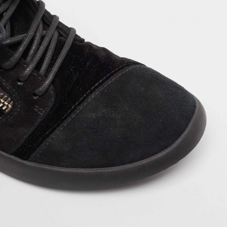 Pre Owned Giuseppe Zanotti Black Suede and Velvet Crystal Embellished Double Zip Low Top Sneakers Size 37.5