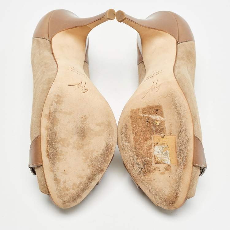 مملوكة مسبقًا Giuseppe Zanotti Beige/Brown Leather and Suede Peep Toe Pumps Size 39