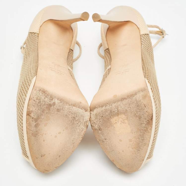 Pre Owned Giuseppe Zanotti Beige Mesh and Lizard Embossed Leather Peep Toe Pumps Size 40.5
