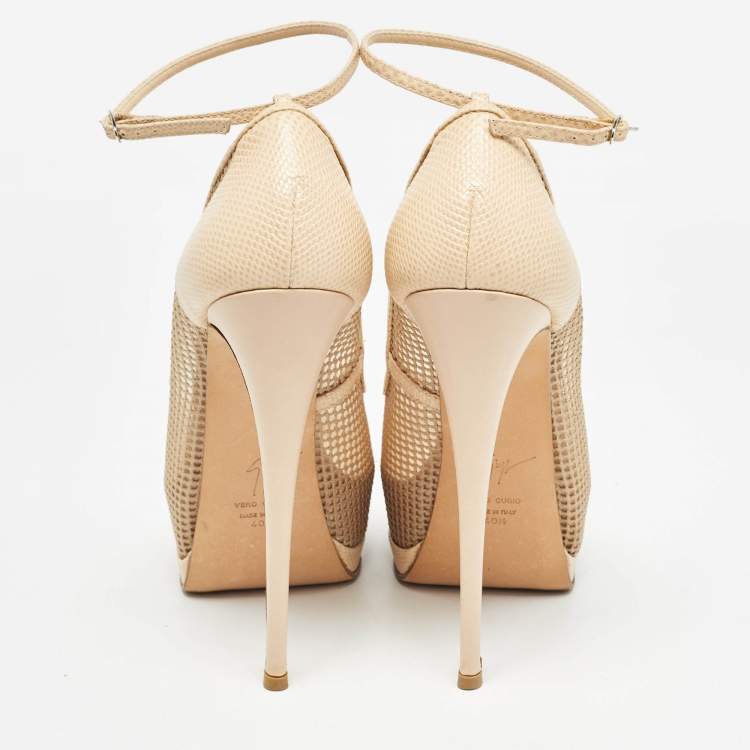 Pre Owned Giuseppe Zanotti Beige Mesh and Lizard Embossed Leather Peep Toe Pumps Size 40.5