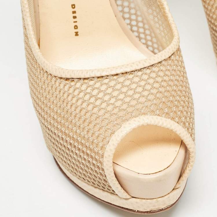 Pre Owned Giuseppe Zanotti Beige Mesh and Lizard Embossed Leather Peep Toe Pumps Size 40.5