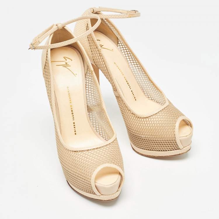 Pre Owned Giuseppe Zanotti Beige Mesh and Lizard Embossed Leather Peep Toe Pumps Size 40.5
