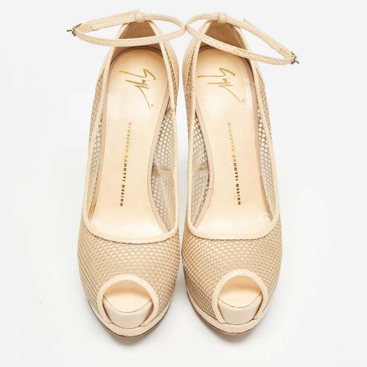 Pre Owned Giuseppe Zanotti Beige Mesh and Lizard Embossed Leather Peep Toe Pumps Size 40.5