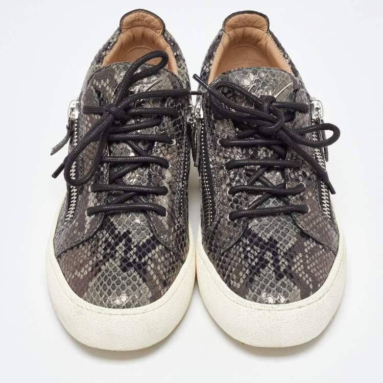 Pre Owned Giuseppe Zanotti Grey/Black Python Embossed Leather Frankie Sneakers Size 38