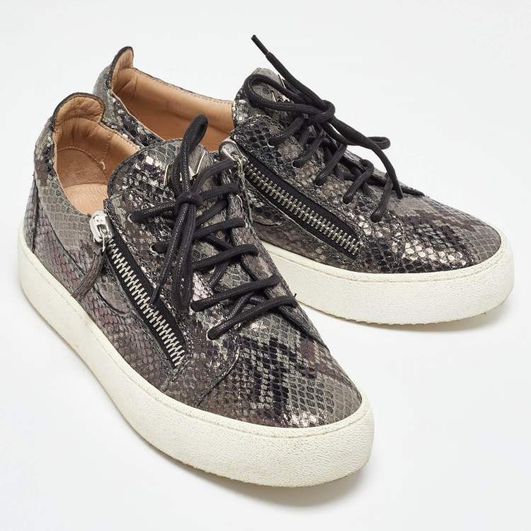 Pre Owned Giuseppe Zanotti Grey/Black Python Embossed Leather Frankie Sneakers Size 38