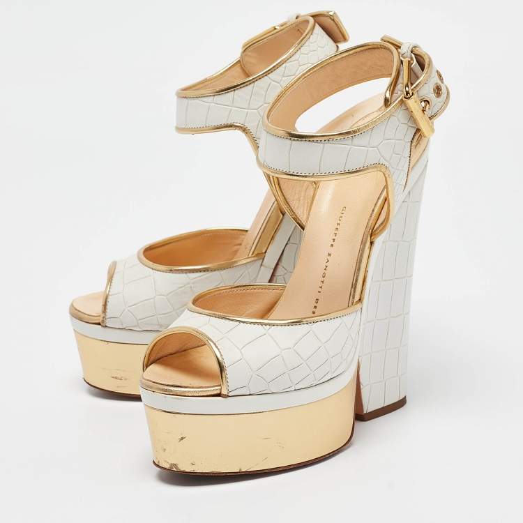 Pre Owned Giuseppe Zanotti White/Gold Croc Embossed Leather Ankle Strap Sandals Size 37