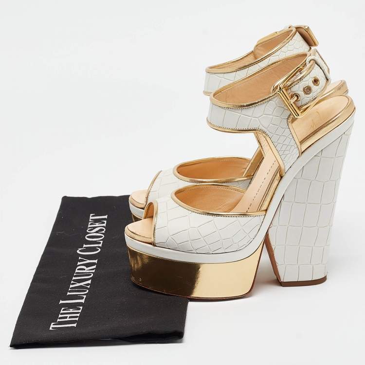 Pre Owned Giuseppe Zanotti White/Gold Croc Embossed Leather Ankle Strap Sandals Size 37