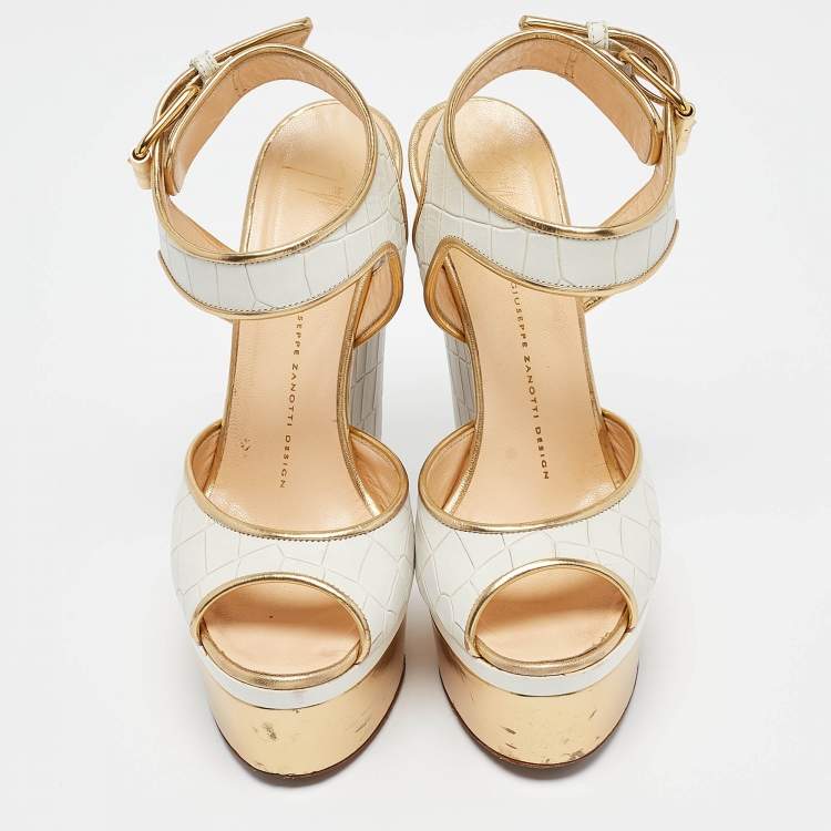 Pre Owned Giuseppe Zanotti White/Gold Croc Embossed Leather Ankle Strap Sandals Size 37