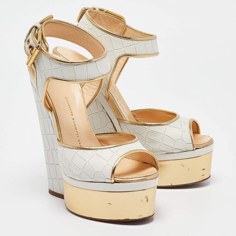 Pre Owned Giuseppe Zanotti White/Gold Croc Embossed Leather Ankle Strap Sandals Size 37