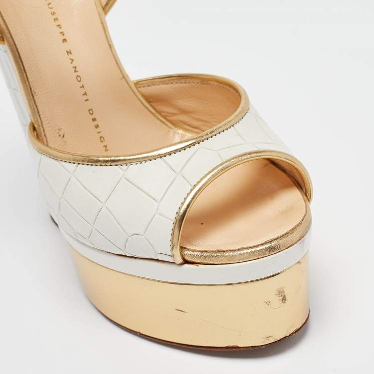Pre Owned Giuseppe Zanotti White/Gold Croc Embossed Leather Ankle Strap Sandals Size 37
