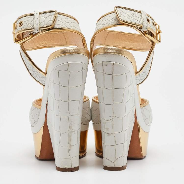 Pre Owned Giuseppe Zanotti White/Gold Croc Embossed Leather Ankle Strap Sandals Size 37
