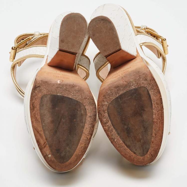 Pre Owned Giuseppe Zanotti White/Gold Croc Embossed Leather Ankle Strap Sandals Size 37