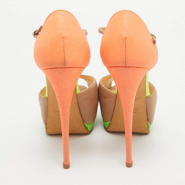 Pre Owned Giuseppe Zanotti Multicolor Leather and Glitter Ankle Strap  Sandals Size 36