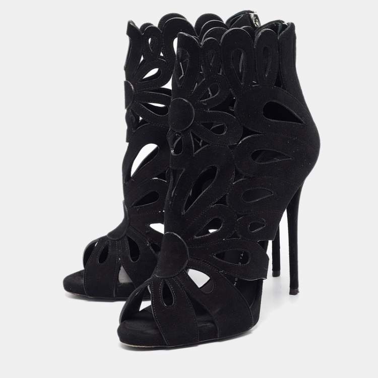 Pre Owned Giuseppe Zanotti Black Suede Cut Out Open Toe Booties Size 38