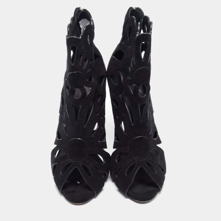 Pre Owned Giuseppe Zanotti Black Suede Cut Out Open Toe Booties Size 38