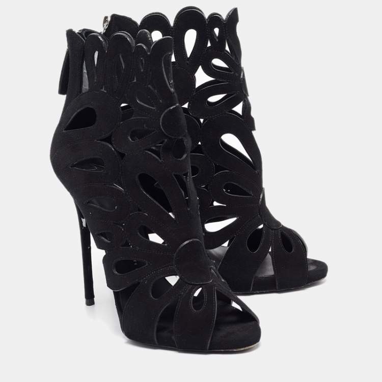 Pre Owned Giuseppe Zanotti Black Suede Cut Out Open Toe Booties Size 38