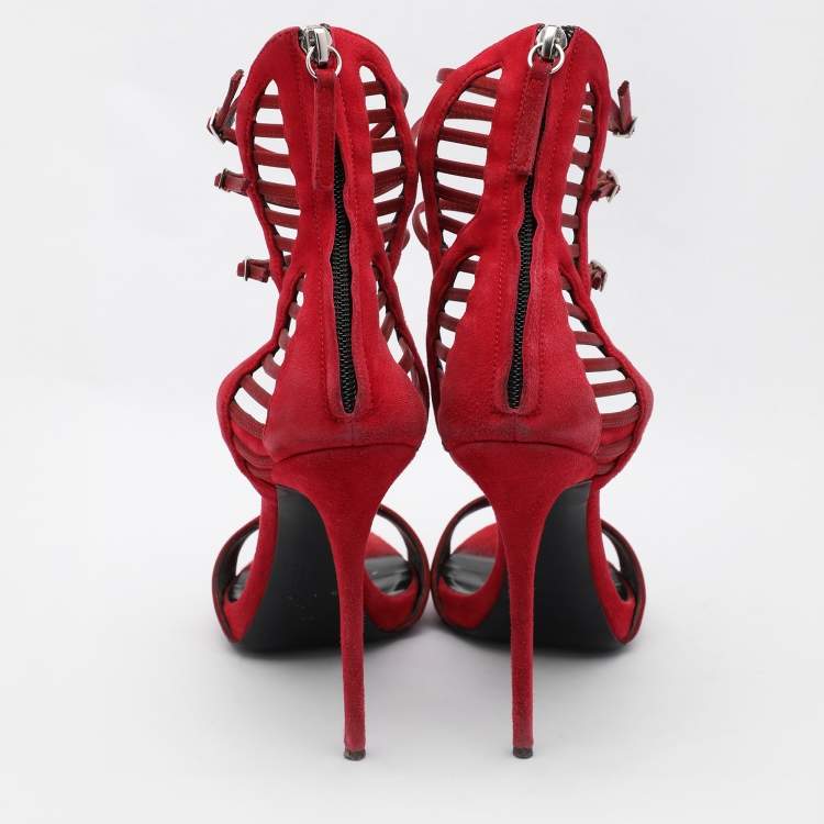 Pre Owned Giuseppe Zanotti Red Suede and Satin Caged Sandals Size 38