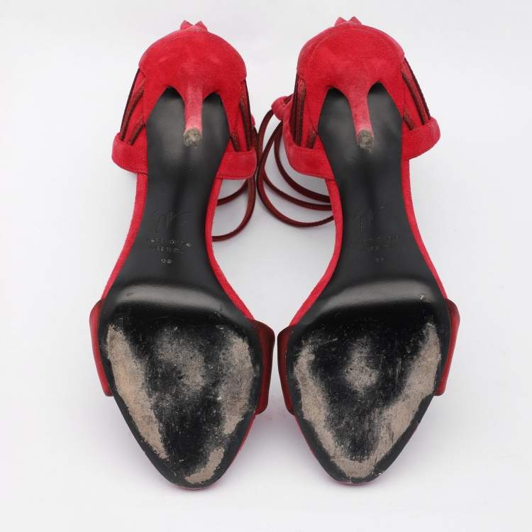 Pre Owned Giuseppe Zanotti Red Suede and Satin Caged Sandals Size 38