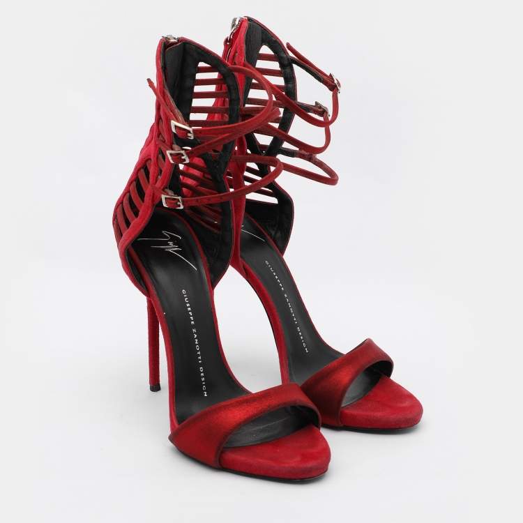 Pre Owned Giuseppe Zanotti Red Suede and Satin Caged Sandals Size 38