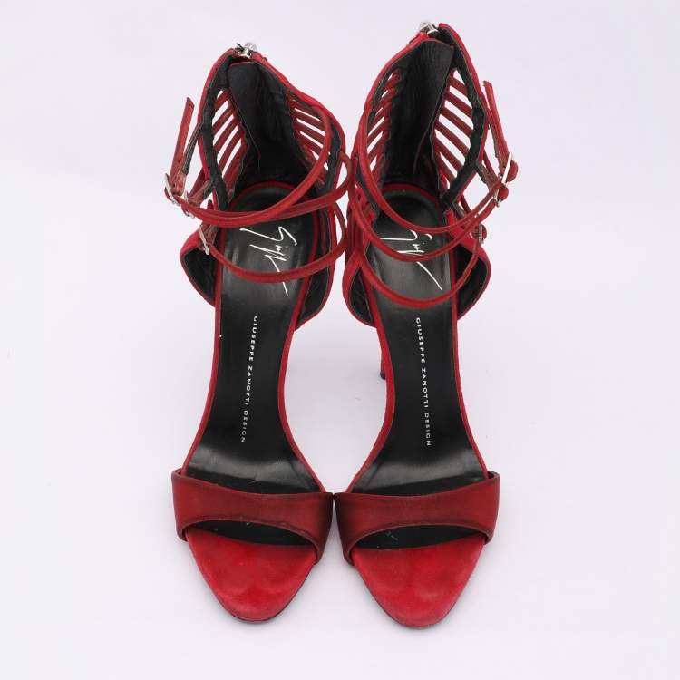 Pre Owned Giuseppe Zanotti Red Suede and Satin Caged Sandals Size 38