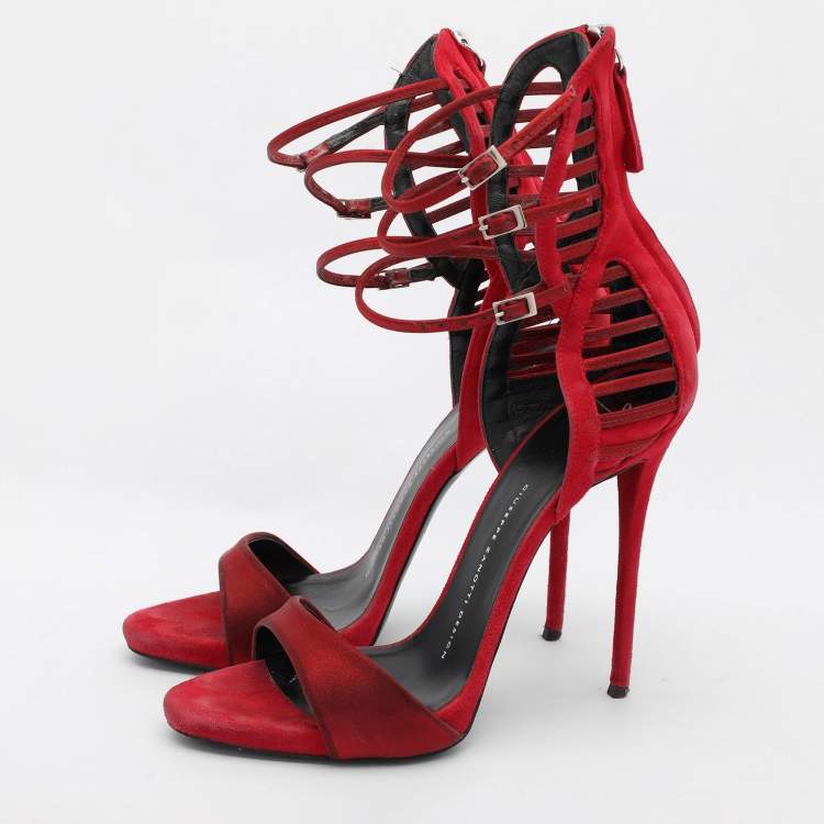 Pre Owned Giuseppe Zanotti Red Suede and Satin Caged Sandals Size 38