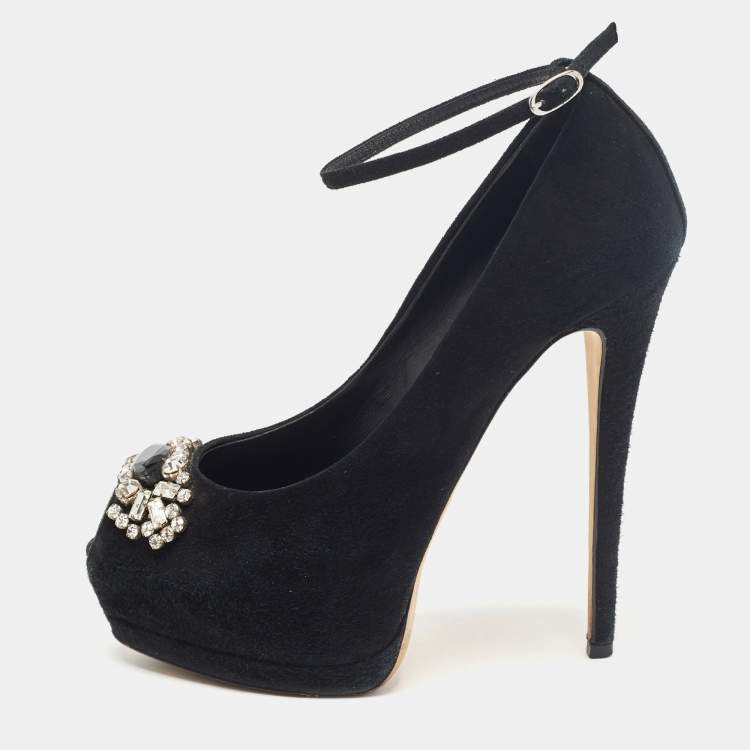 Giuseppe Zanotti Black Suede Crystal Embellished Peep Toe