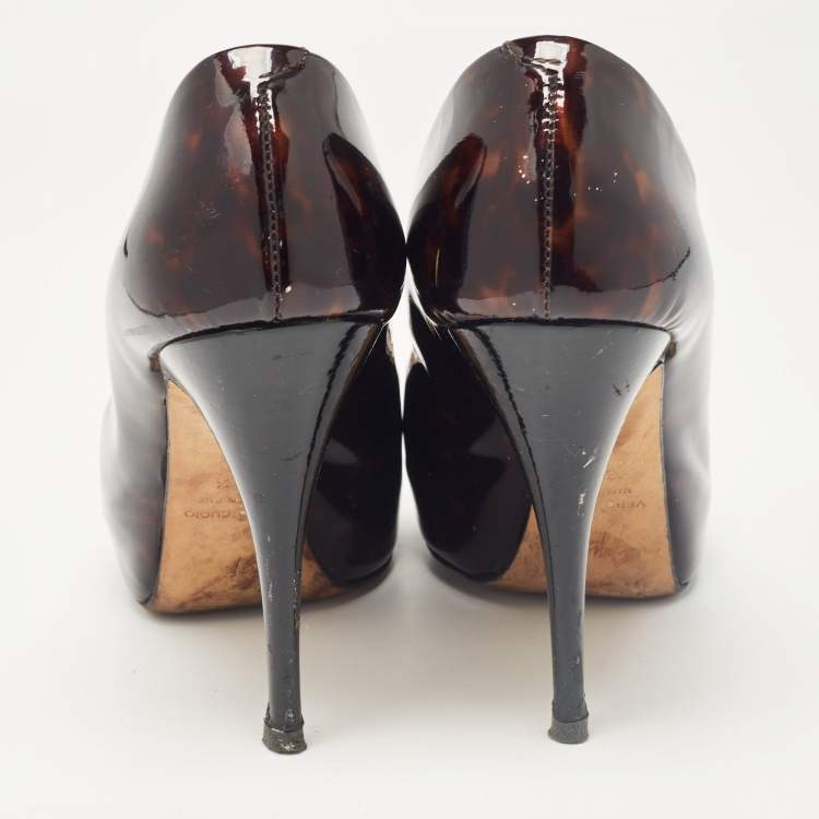Pre Owned Giuseppe Zanotti Brown/Black Printed Patent Leather Peep Toe Pumps Size 38.5