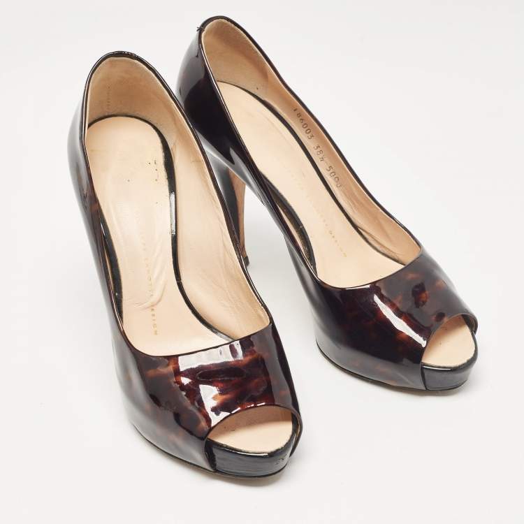 Pre Owned Giuseppe Zanotti Brown/Black Printed Patent Leather Peep Toe Pumps Size 38.5