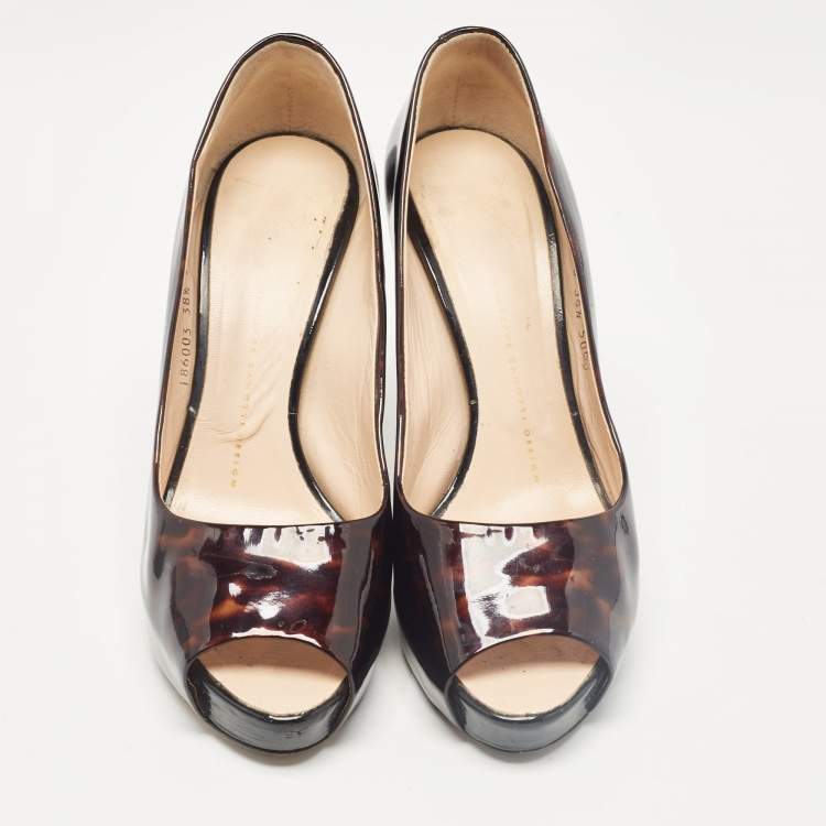 Pre Owned Giuseppe Zanotti Brown/Black Printed Patent Leather Peep Toe Pumps Size 38.5