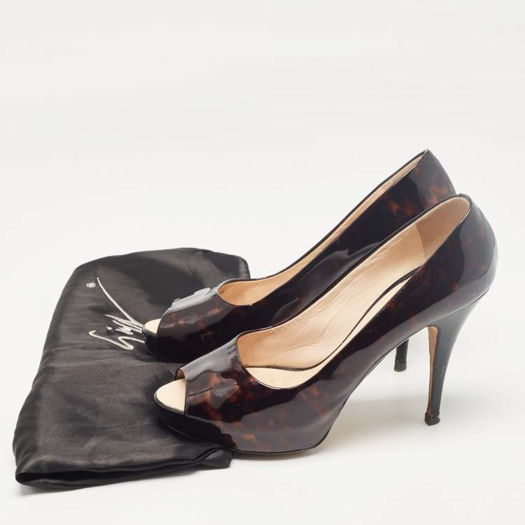 Pre Owned Giuseppe Zanotti Brown/Black Printed Patent Leather Peep Toe Pumps Size 38.5