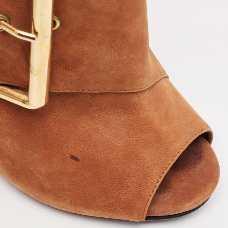Pre Owned Giuseppe Zanotti Brown Nubuck Leather Buckle Detail Ankle Length Boots Size 37.5